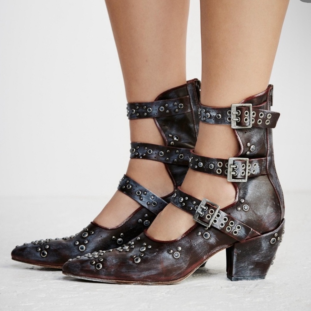 Free People Harvest Moon Strappy Studded Ankle Boots, Wine, Size 39